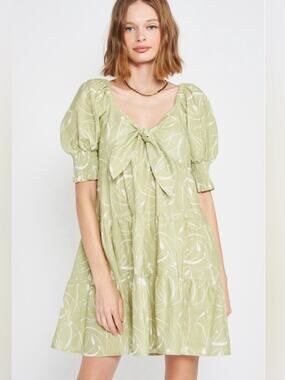 EN SAISON Idrissy Mini Dress Green Floral Puff Sleeve Bow Front Open Back Small